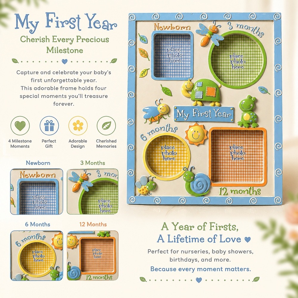 My First Year Baby Milestone Photo Frame‎ 4 Openings Insects Turtle Frog Blue